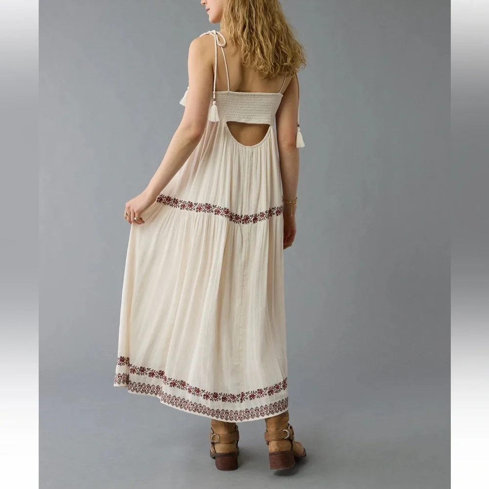 NWT AE Cream Boho Maxi Dress with Embroidered Trim - Picture 2 of 6